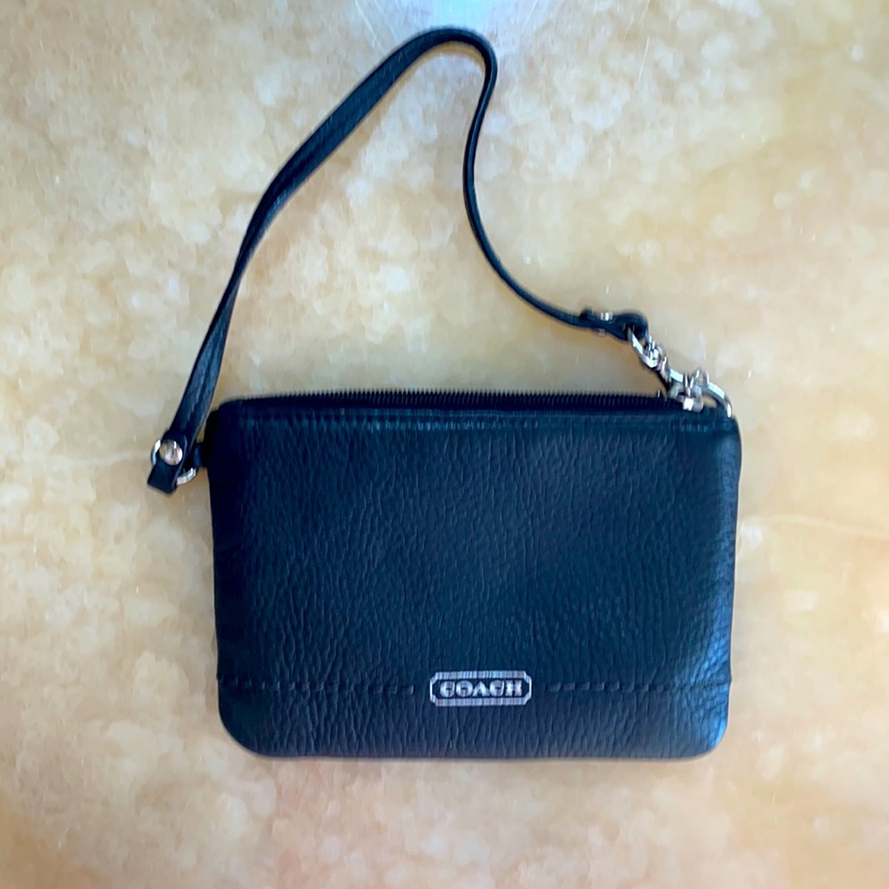 Coach coin purse/wallet black pebble leather with teal silk lining